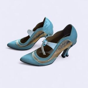 John Fluevog Blue and Silver Heels Cinderella Like Heels